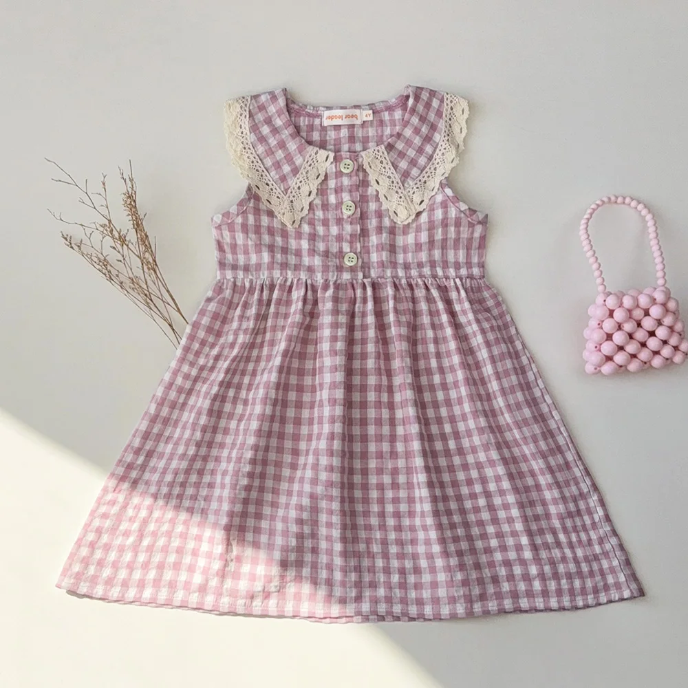 2026 Kids Clothing Summer Korean Version Checkered Printed Sleeveless Girs Dress Lace Patchwork Lapel Princess Girl's Dresses