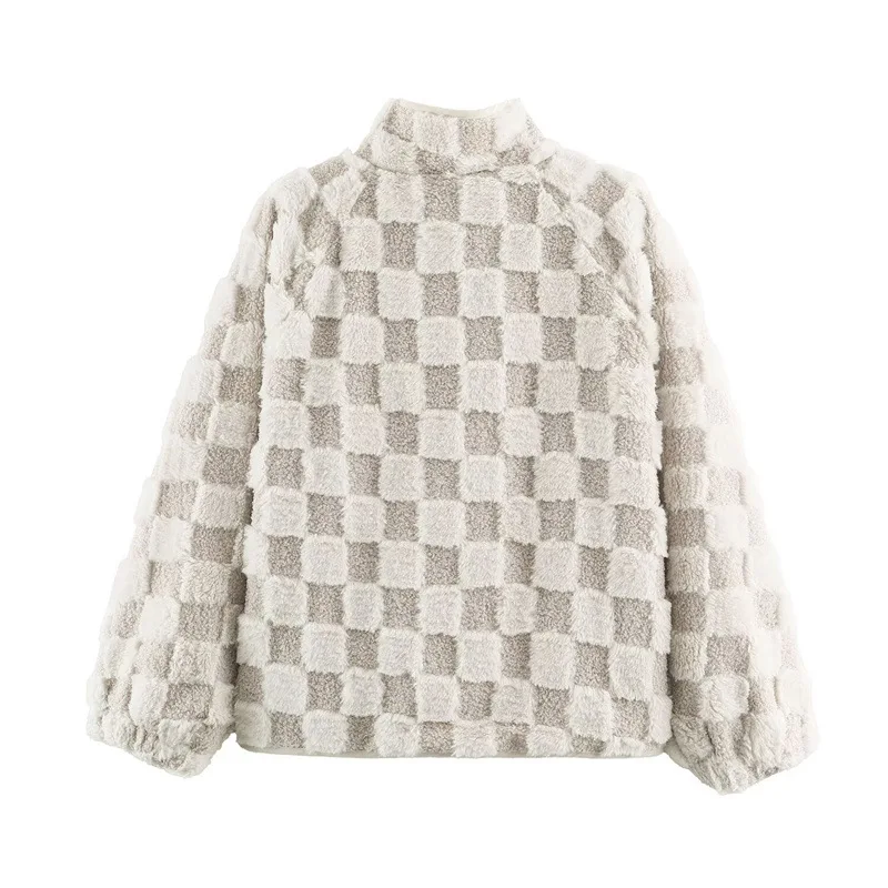 Nine Zar Women's Plaid Collar Lamb Fur Jacket Loose Fit Long Sleeve Button up Contrast Color Winter Outerwear Ladies Coat