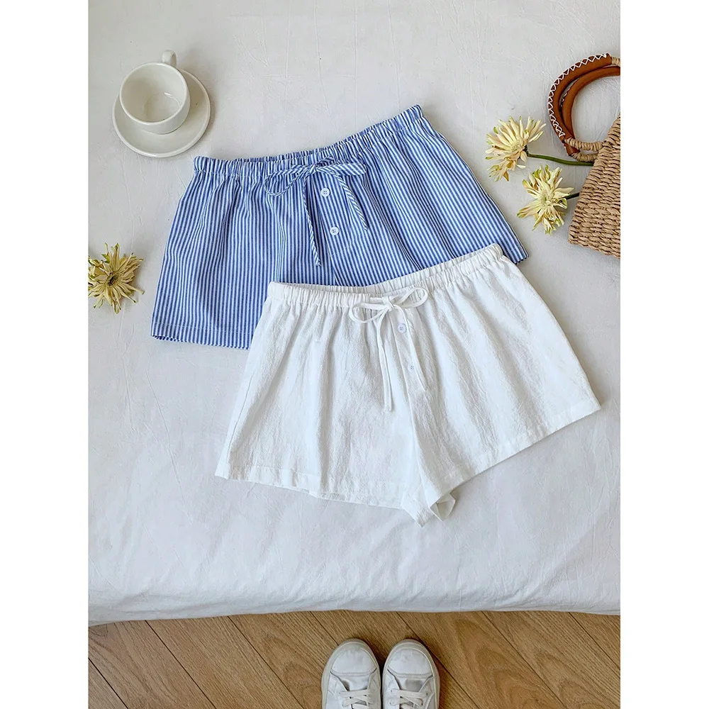 캐주얼 스트라이프 반바지 여성 y2k 의류 드로스트링 신축성 있는 허리 루즈핏 와이드 레그 바지 2000년대 미학 스트리트웨어