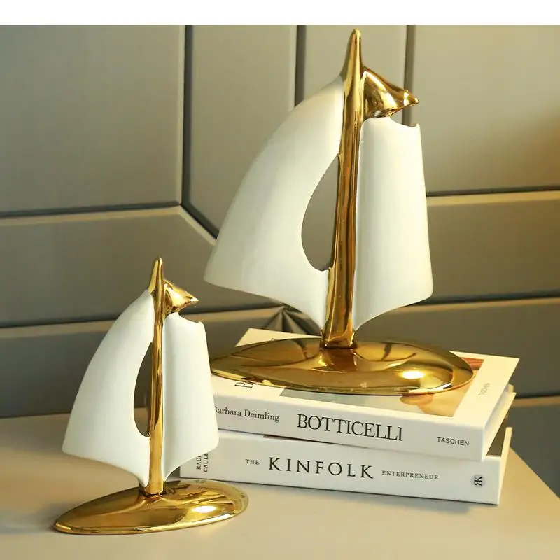 Ceramic Handicraft Ornaments Sailboat Ferry Golden Sailing Smooth Modern Home Decoration Accessories Desktop Crafts