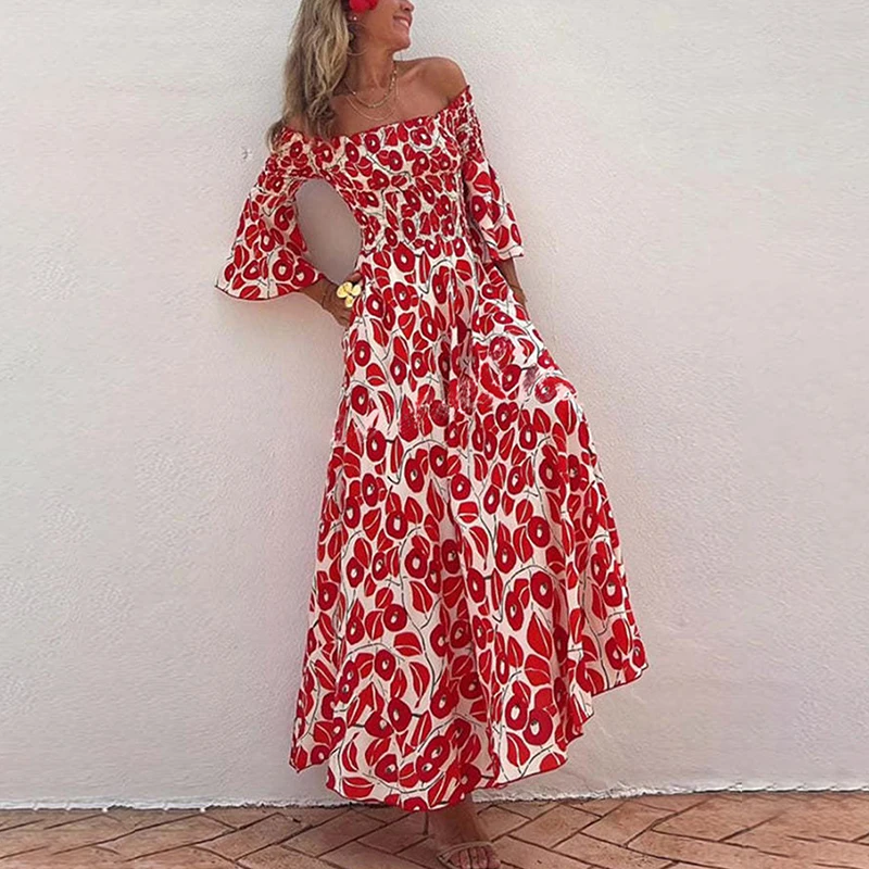 Abito lungo rosso con scollo a barchetta stampato chic Abito estivo da donna elegante con spalle scoperte Abito con maniche svasate Pieghe per le vacanze Abito aderente in vita