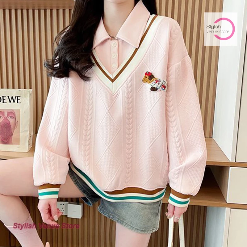 Korean style stitching fake two-piece sweater women's spring and autumn cartoon loose western design embroidered polo collar top
