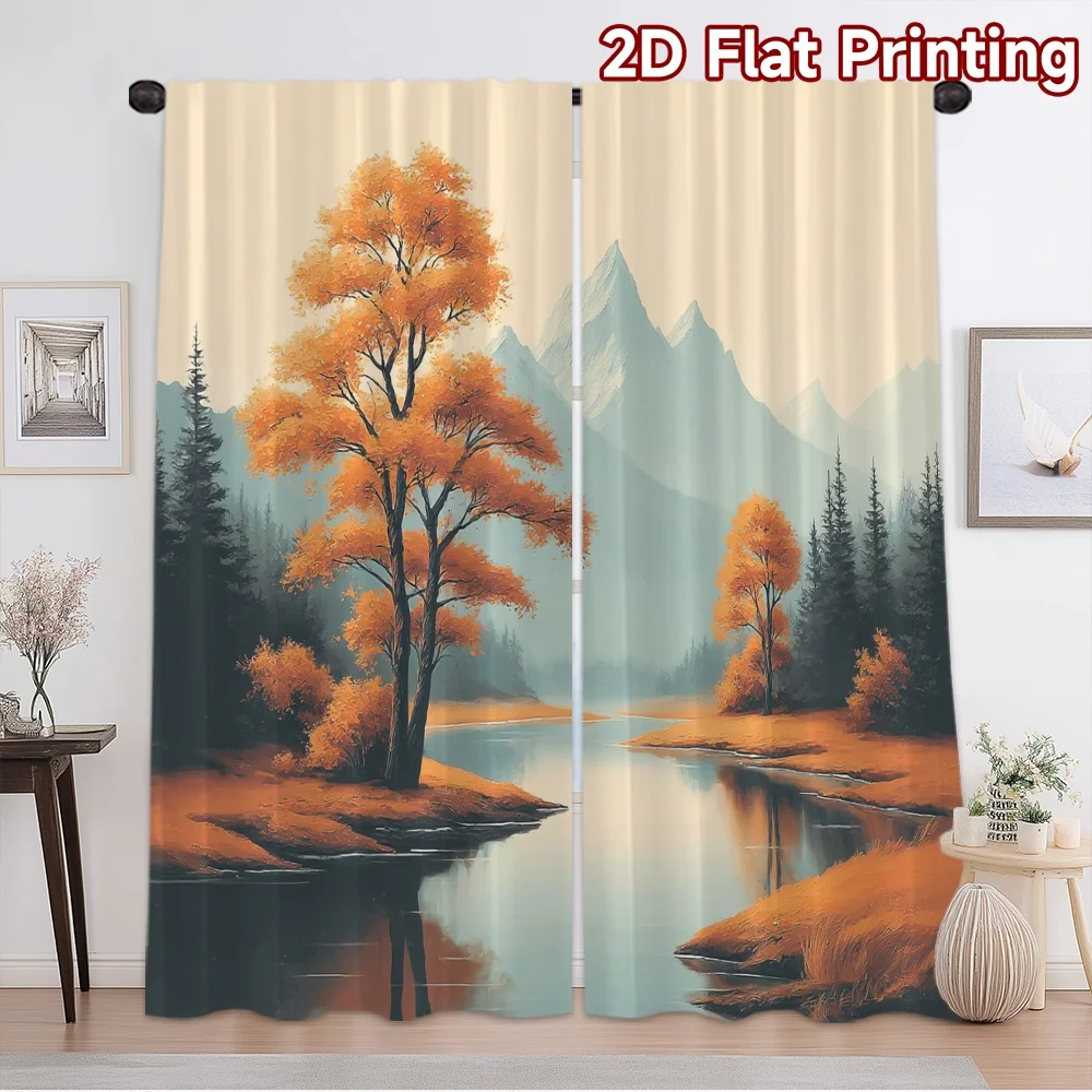 2D flat printing 2pcs Curtain Scene Curtain Autumn River Landscape Digital Printed Polyester Drapes All Season Party & Holiday