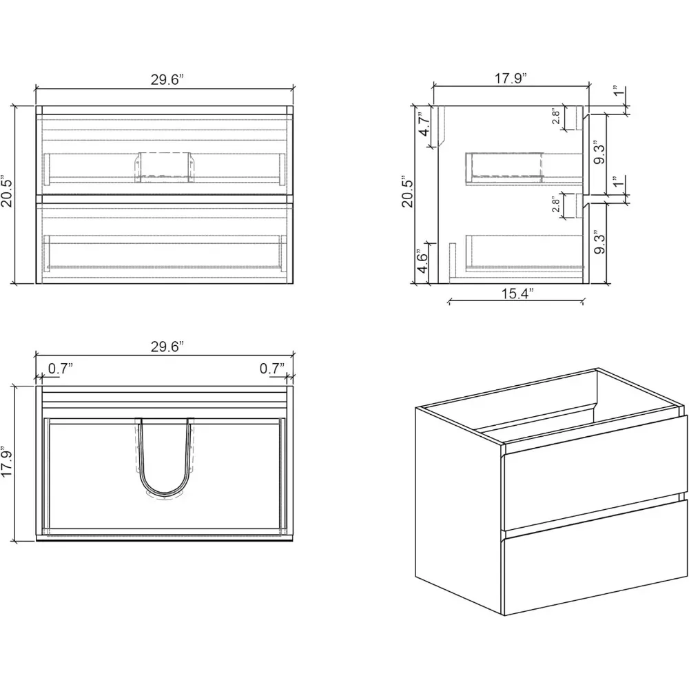 Vanity da bagno da 30 pollici con lavabo con troppopieno, ampio contenitore sospeso a parete, mobiletto per lavabo da bagno minimalista