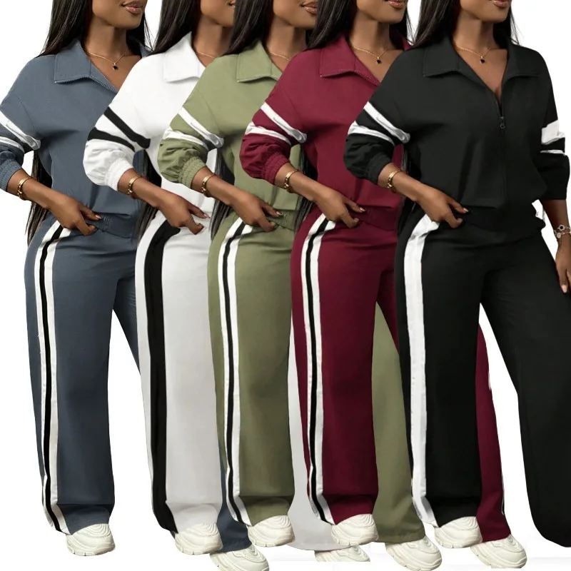 Loose Casual 2‑Piece Outfit Color‑Block Striped Sweatshirt Wide‑Leg Pants European American Style Tracksuit