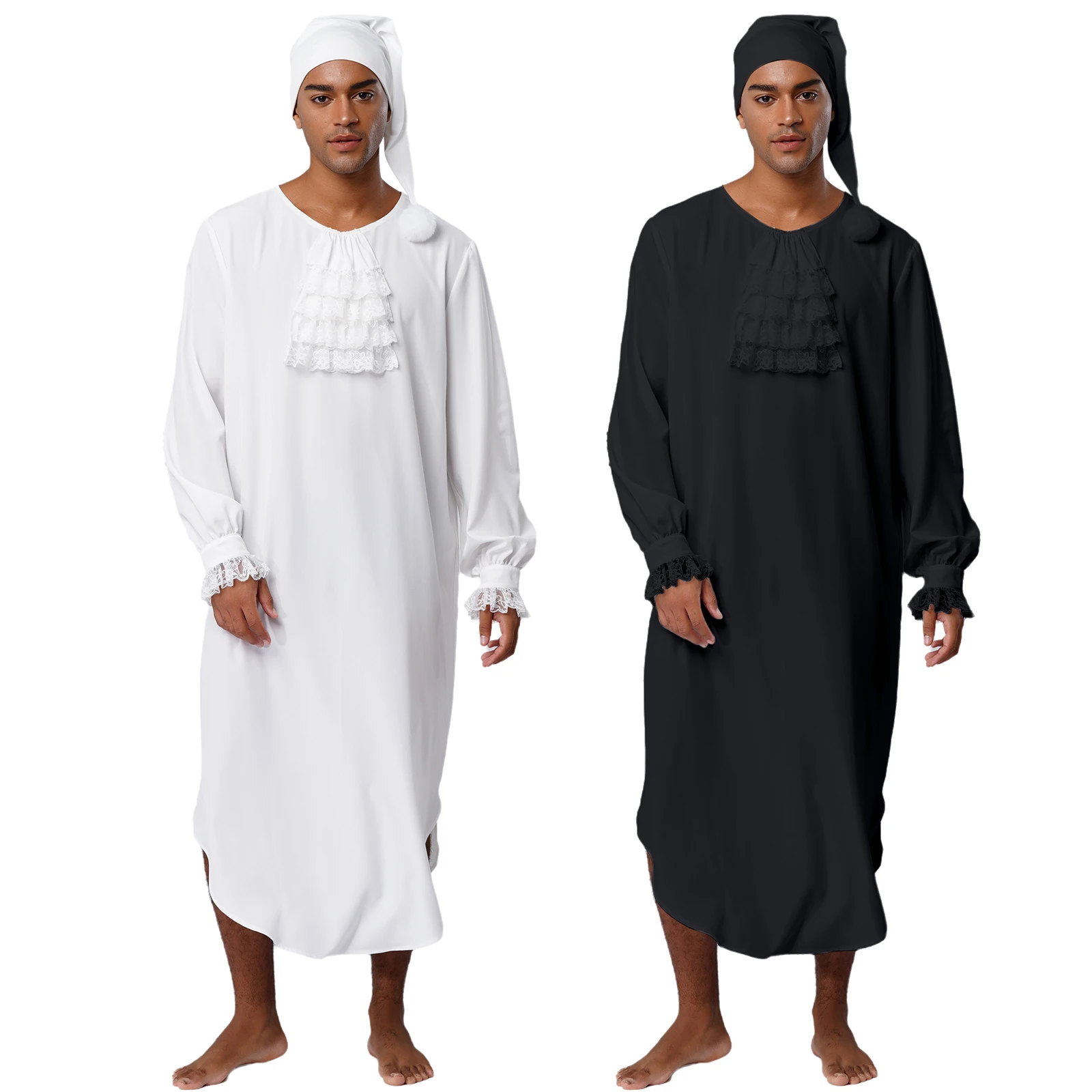Mens Victorian Nightgown Halloween Fancy Dress Ball Costume Long Sleeve Lace Trim Ruffles Collar Curved Hem Night-Robe with Cap - view 2