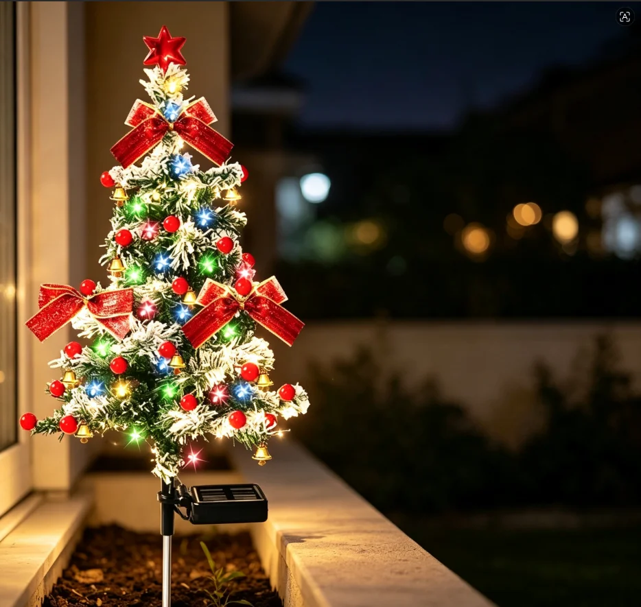 Solar Powered Cedar Tree Lights Multicolor LED Christmas Garden Stake Lamp with Bows Bells and Star for Lawn Party Decor