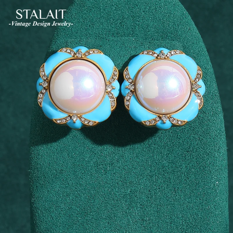 

Wedding Big Stud Pearl Earrings Blue Enamel Shell Gold Color Flower Petal Vintage Antique Jewelry For Women Accessories 2025