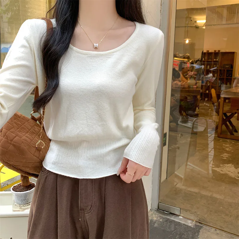 Solid Color Simple Long Sleeve Sweater Woman Korean Round Collar All-Match Short Sweaters Autumn Winter Casual Knit Pullover view 4