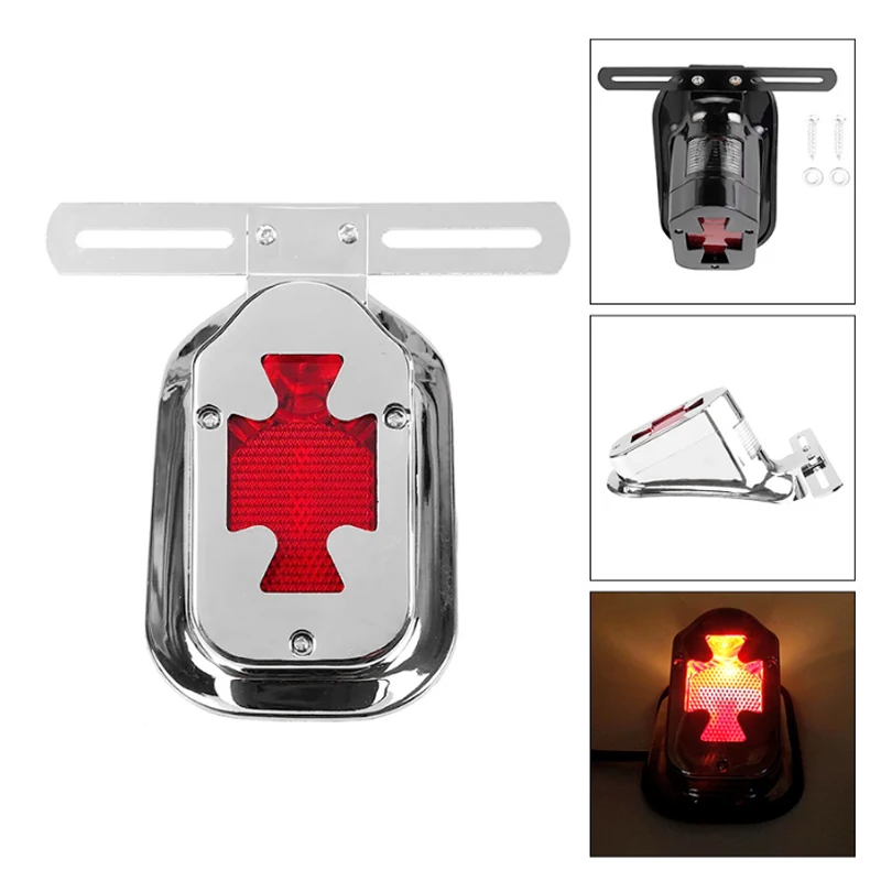 Motorcycle Rear Fender Brake Lamp w/ License Plate Lights Tombstone Skull Cross Tail Light For Harley Chopper Bobber 68003-47