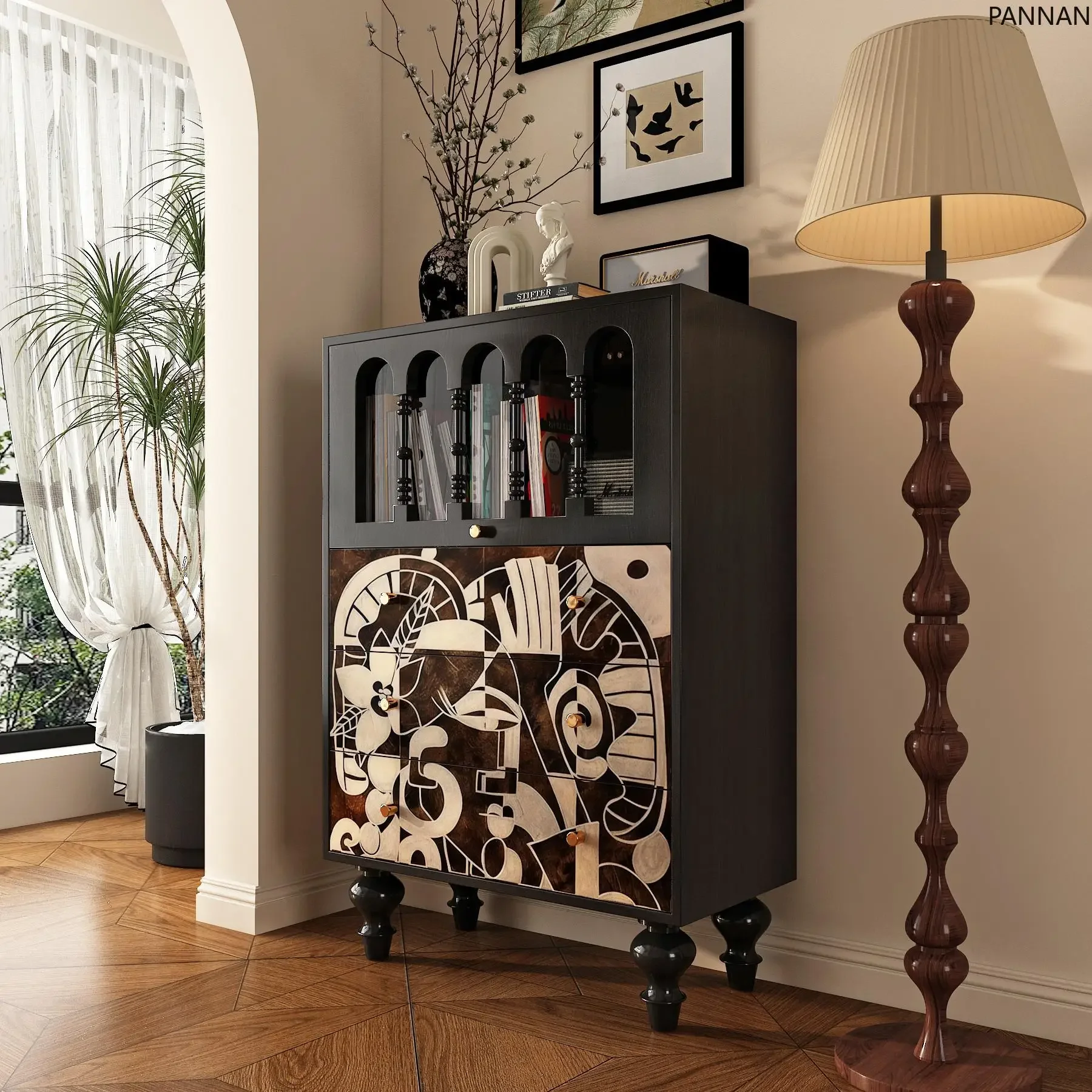 

Medieval solid wood bookcase, living room storage cabinet, retro painted decorative cabinet
