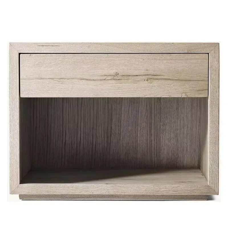 Modern Luxury Reclaimed Oak Thin Framed Bedside Tables, Solid Wood Bedroom Furniture with Panel Design, Adjustable