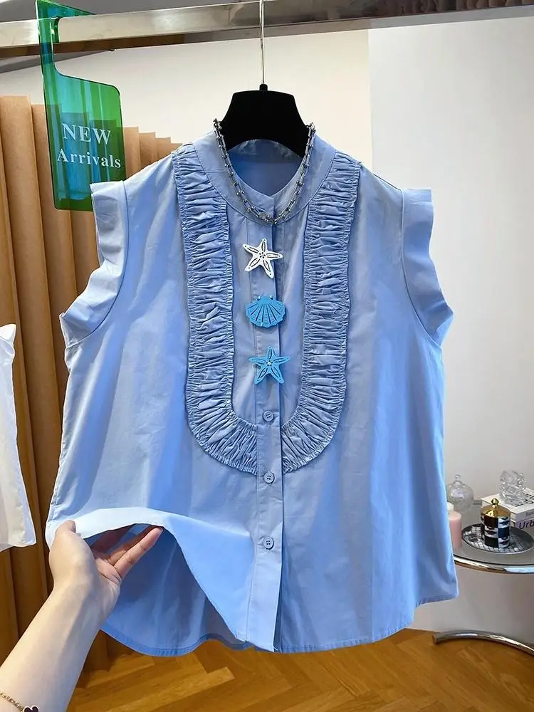 

Women Pleated Sleeveless Blouse Korean Style Loose Flutter Sleeve Shirt 2026 New Summer Casual Fashion Tops