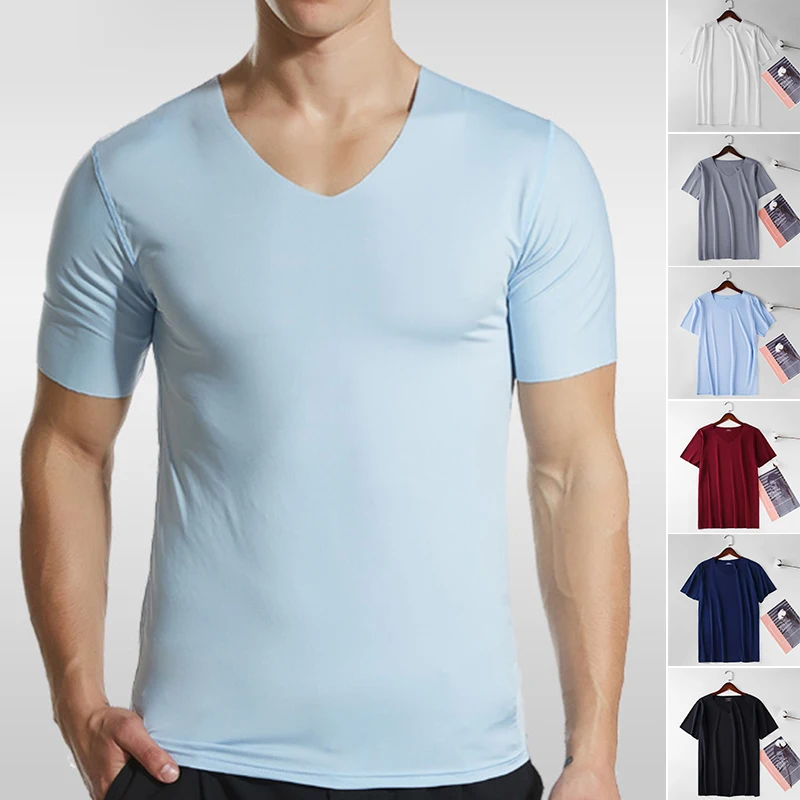 

Male Solid v-Neck Shirts Men's Sexy Ice Silk t Shirts Training Top Summer Short Sleeves Sport t Shirt Plus Size m-5xl Gymwear