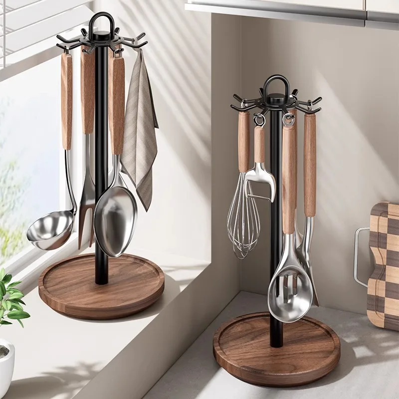 Walnut Kitchen Rotating Hook Countertop Spatula Holder Hanging Ladle, Skimmer and Spatula Kitchen Utensil Storage Rack