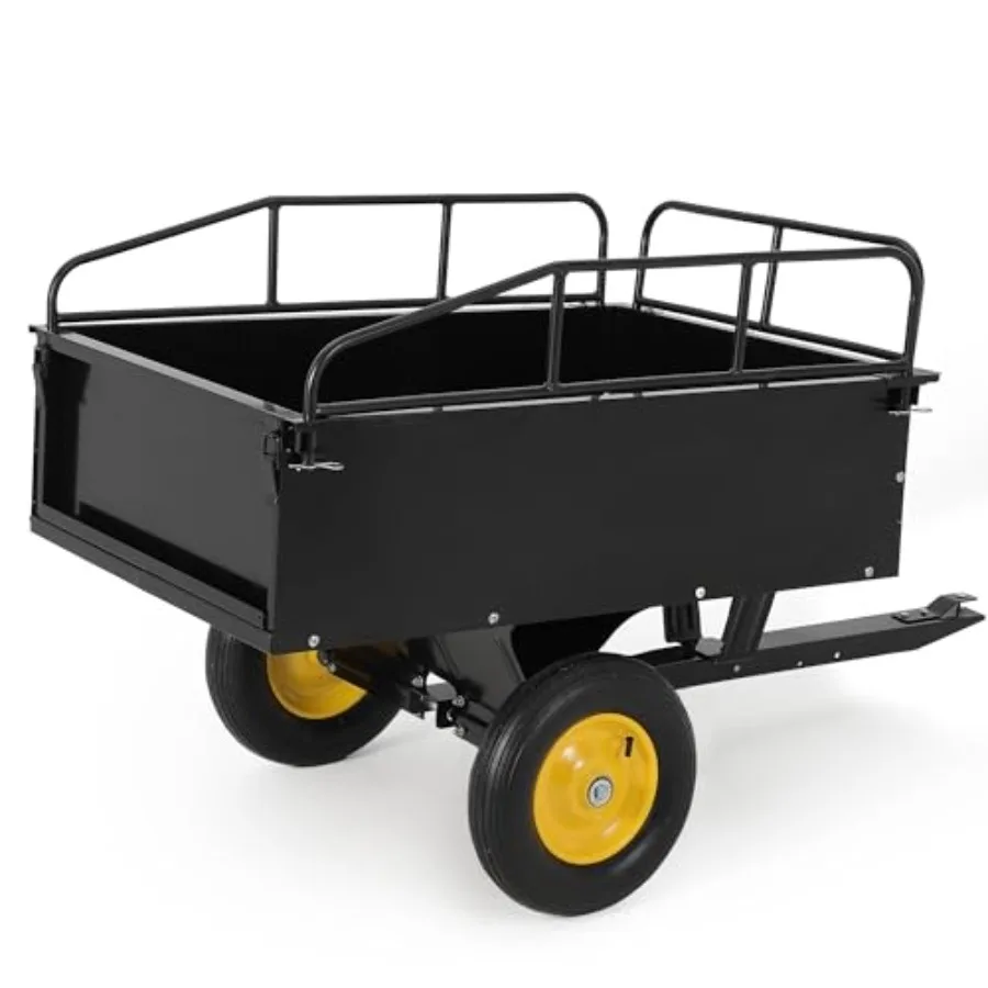 Heavy Duty 500LB Steel Dump Cart Trailer for ATV use, black body with yellow wheels, rugged steel construction, 10 Cu.Ft capaci