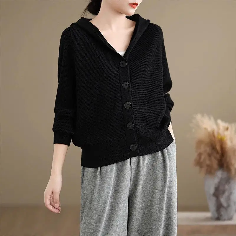 Autumn And Winter Solid Color Korean Hooded Short Sweater Cardigan Women's Button Single Breasted Top Knitted Shirt Coat K2655