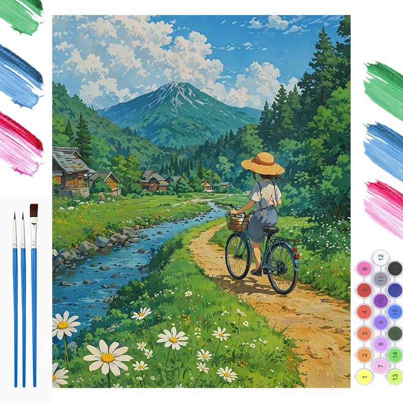 Peinture acrylique par numéros, paysage cycliste champêtre, peinture par numéros sur toile, coloriage par numéros pour adultes, peinture numérique