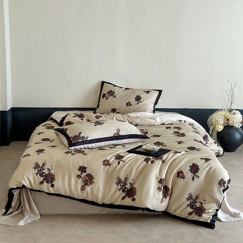 Vintage Flowers Print Black Wide Edge Lyocell Soft Silky Cooling Bedding Set Duvet Cover Bed Sheet/Fitted Sheet Pillowcases 4Pcs