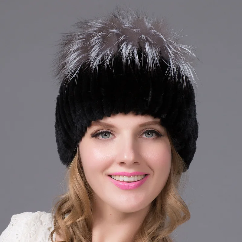 

Otter Rabbit Fur Woven Women's Real Fur Hat Thickened Autumn and Winter Warm Silver Fox Fur Knitted Beanies Dome