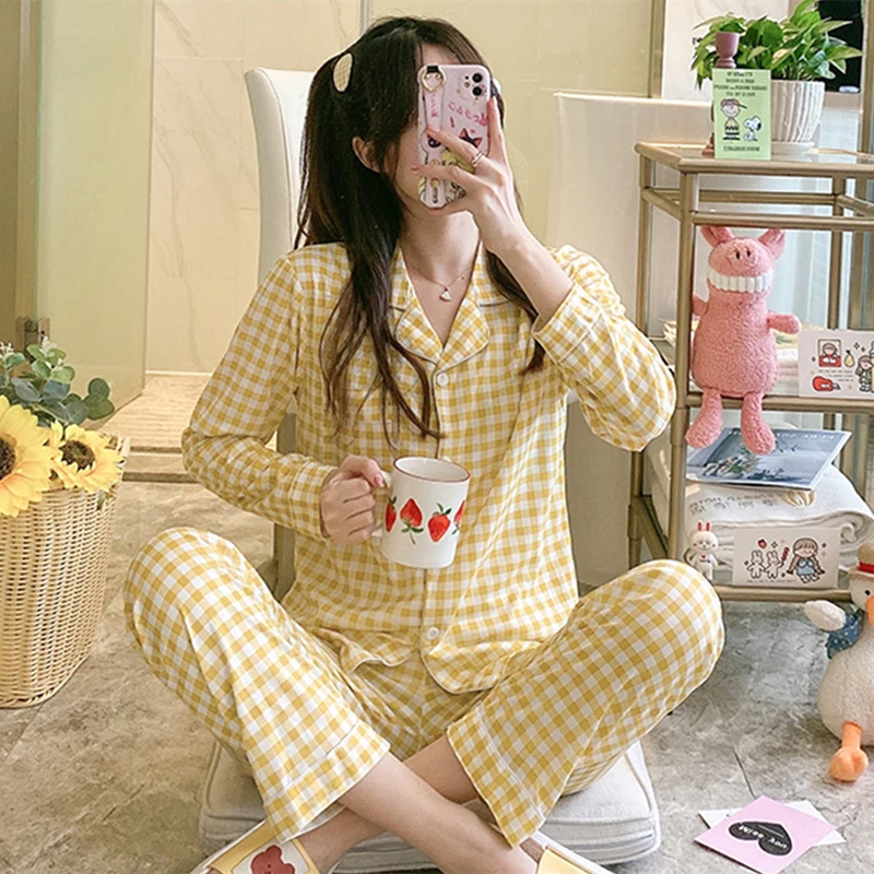 Autumn New Cotton Pajamas Women\'s Long-sleeved Trousers Cardigan Korean Version Sweet and Fresh Student Home Service Suit