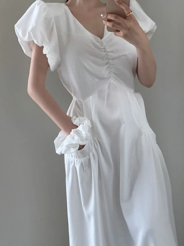 Vestido largo e con cuello en V y manga de burbuja para mujer, vestido de verano de manga corta con estilo e a ...