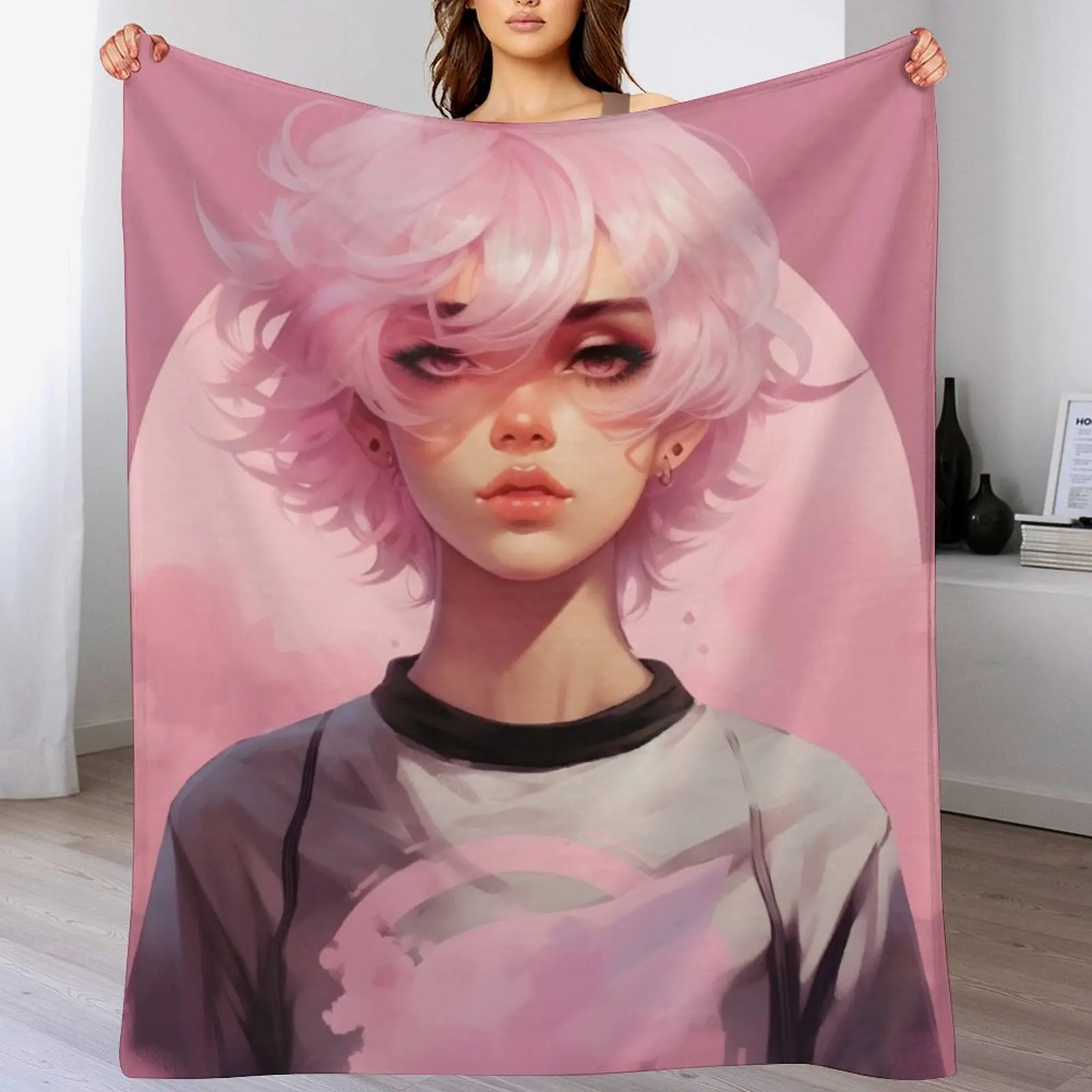 Femboy Pastelgoth Pink Boi Anime Character Throw Blanket