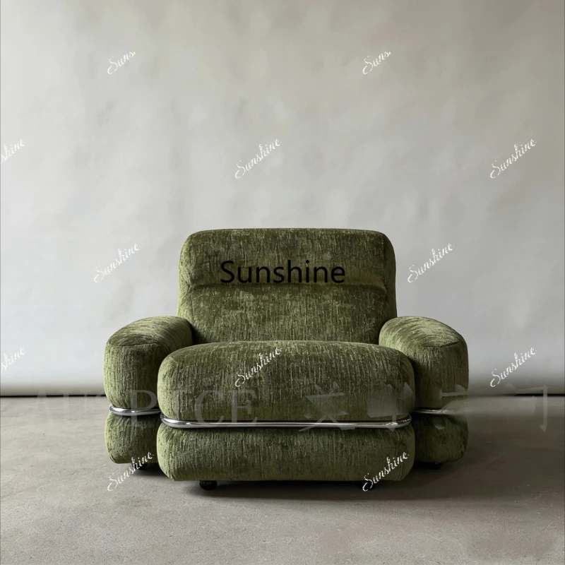 

Retro olive green single sofa, stainless steel chenille lounge chair