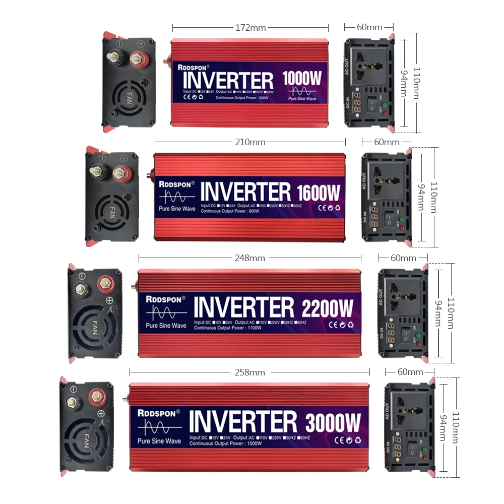 Imagem -02 - Inversor de Onda Senoidal Pura dc 12v 24v para ac 110v 220v 50hz 60hz 1000w 1600w 2200w 3000w Portátil Conversor Carro Inversor de Energia Solar