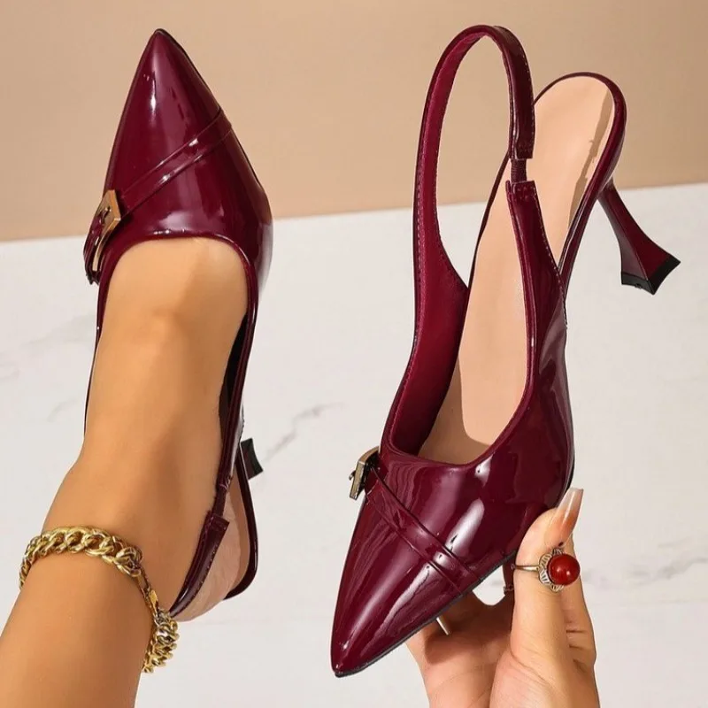 

New Pointed Toe Shallow Mouth Metal Buckle Non-slip High Heels Summer Elegant Waterproof Baotou Sandals