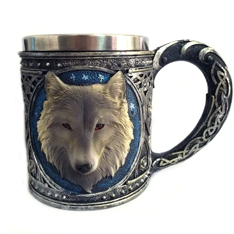 450ml Individuality Vintage 3D Wolf Head Double Insulated Stainless Steel Mug Coffee Mug for Office Family Party Drinkware Gifts