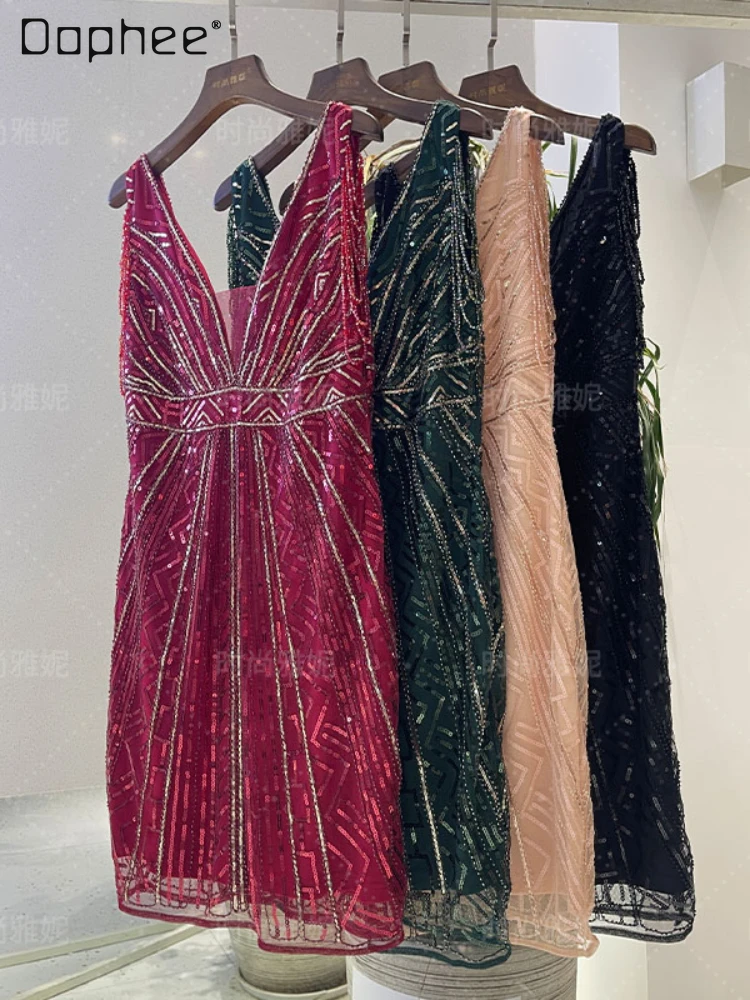 

Sexy Performance Wear Sleeveless Double V-neck Sequins Dress for Women Party 2023 European Embroidery Chain Beaded Vest Dress