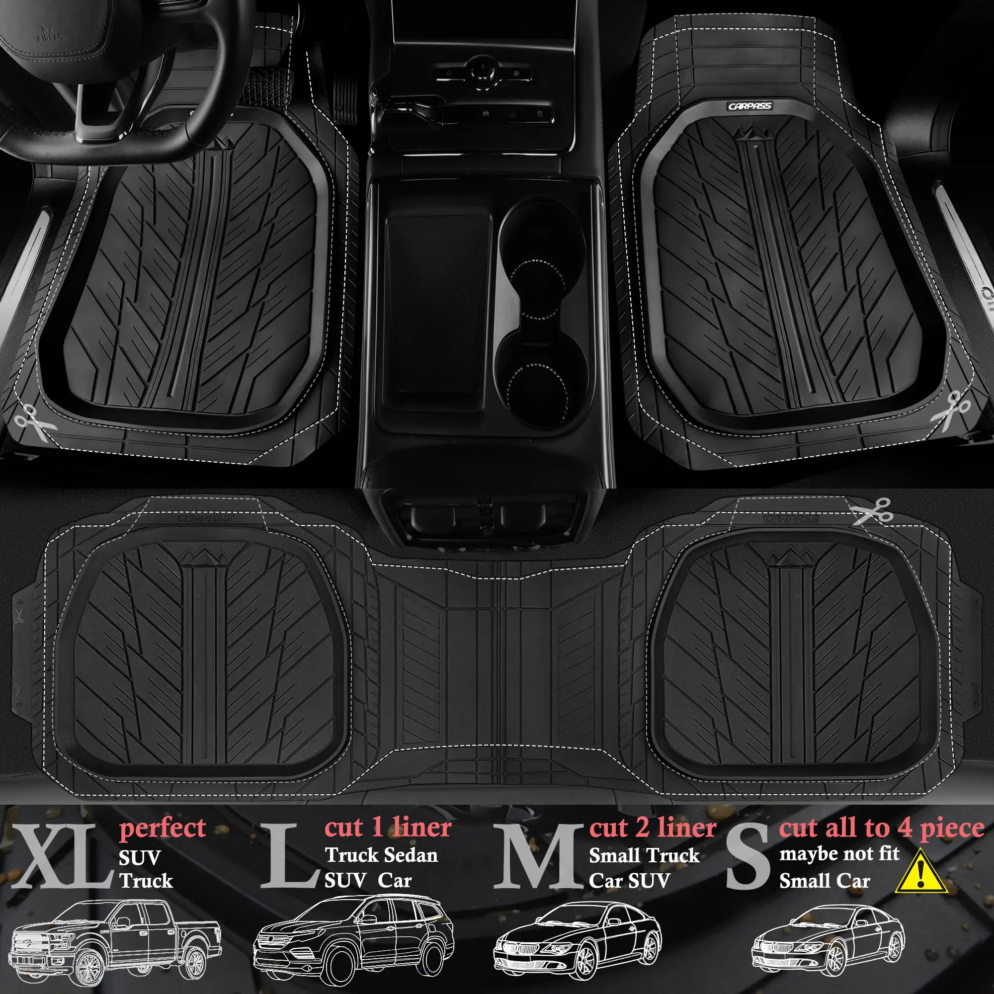 Heavy Duty Rubber Floor Mats 3-Piece, Trim-to-Fit Automotive Floor Mat for Truck Van SUV, Durable Waterproof All Weather Car Mat 2