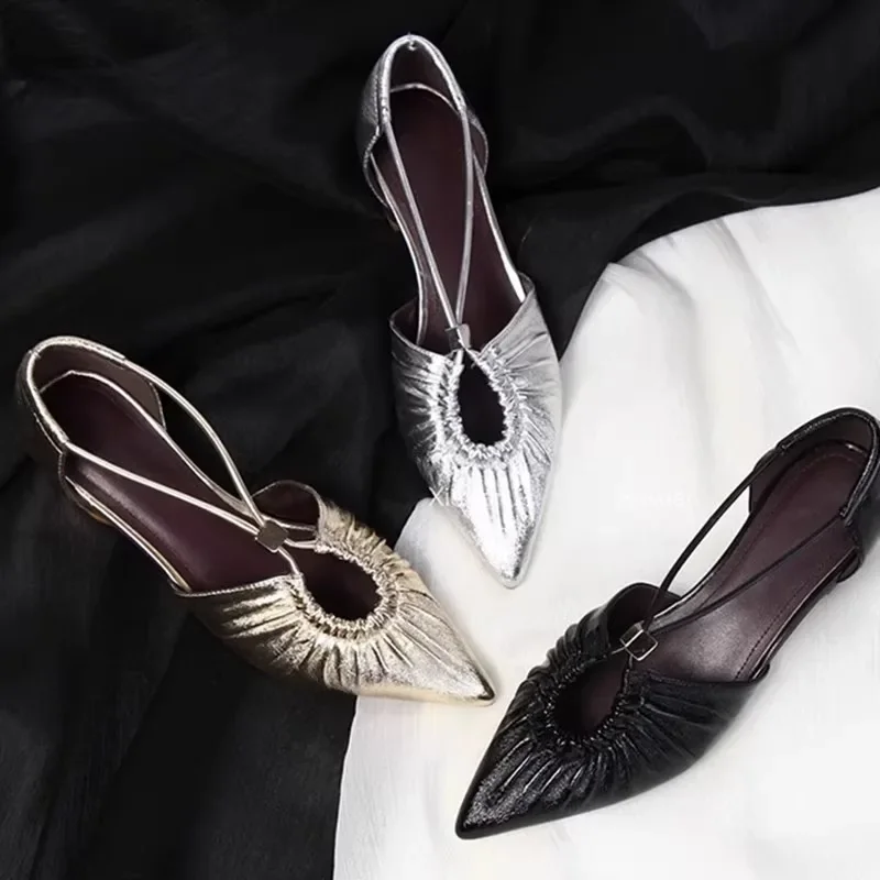 

French Vintage Folded Head Sandals Women's Niche Design Hollow Out Pointed Toe Side Open Thick Heel Single Shoes
