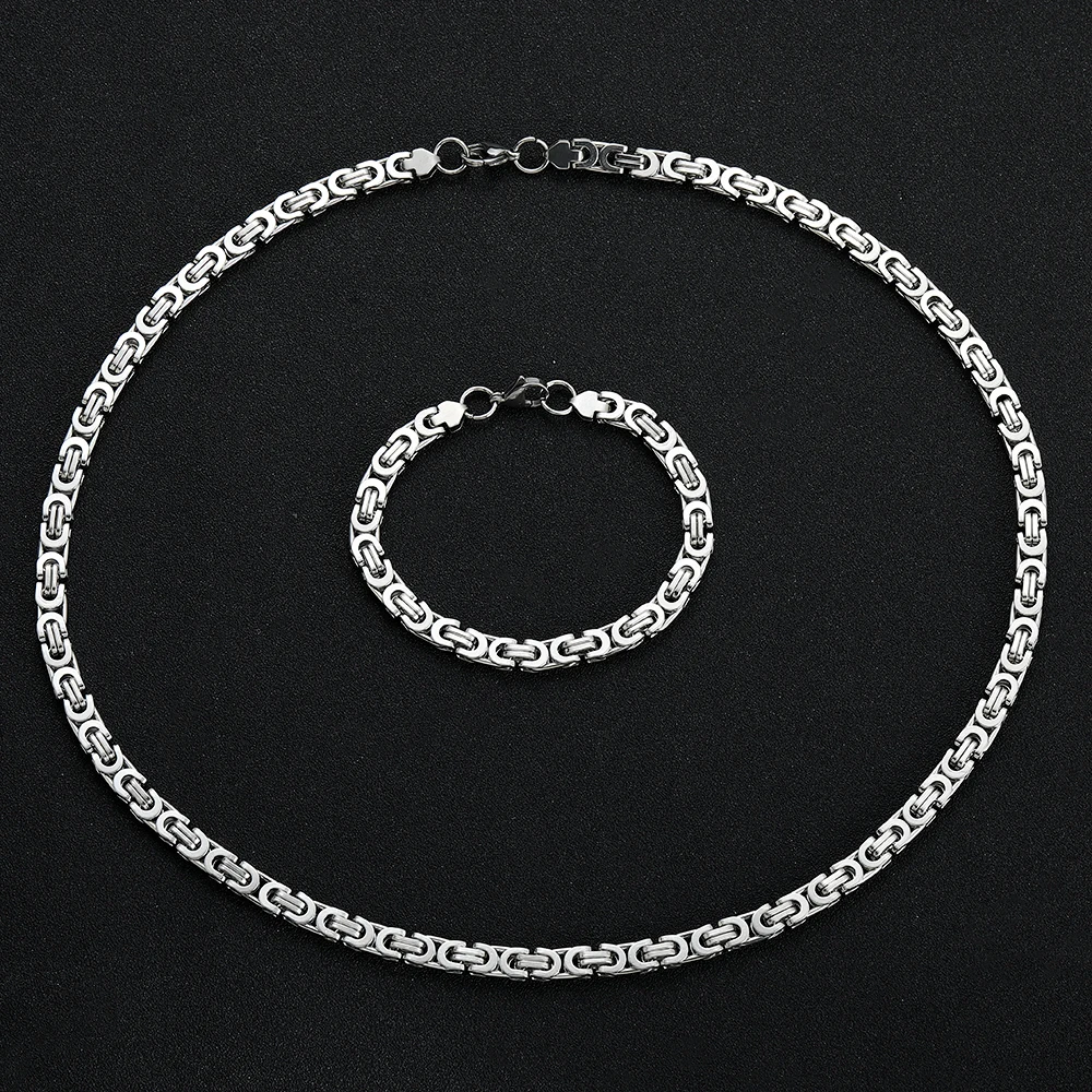 New Arrival Width 6MM 316L Titanium Steel Flat Imperial Chain Necklace Bracelet Fashion Hip Hop Men\'s Jewelry Set Boyfriend Gift