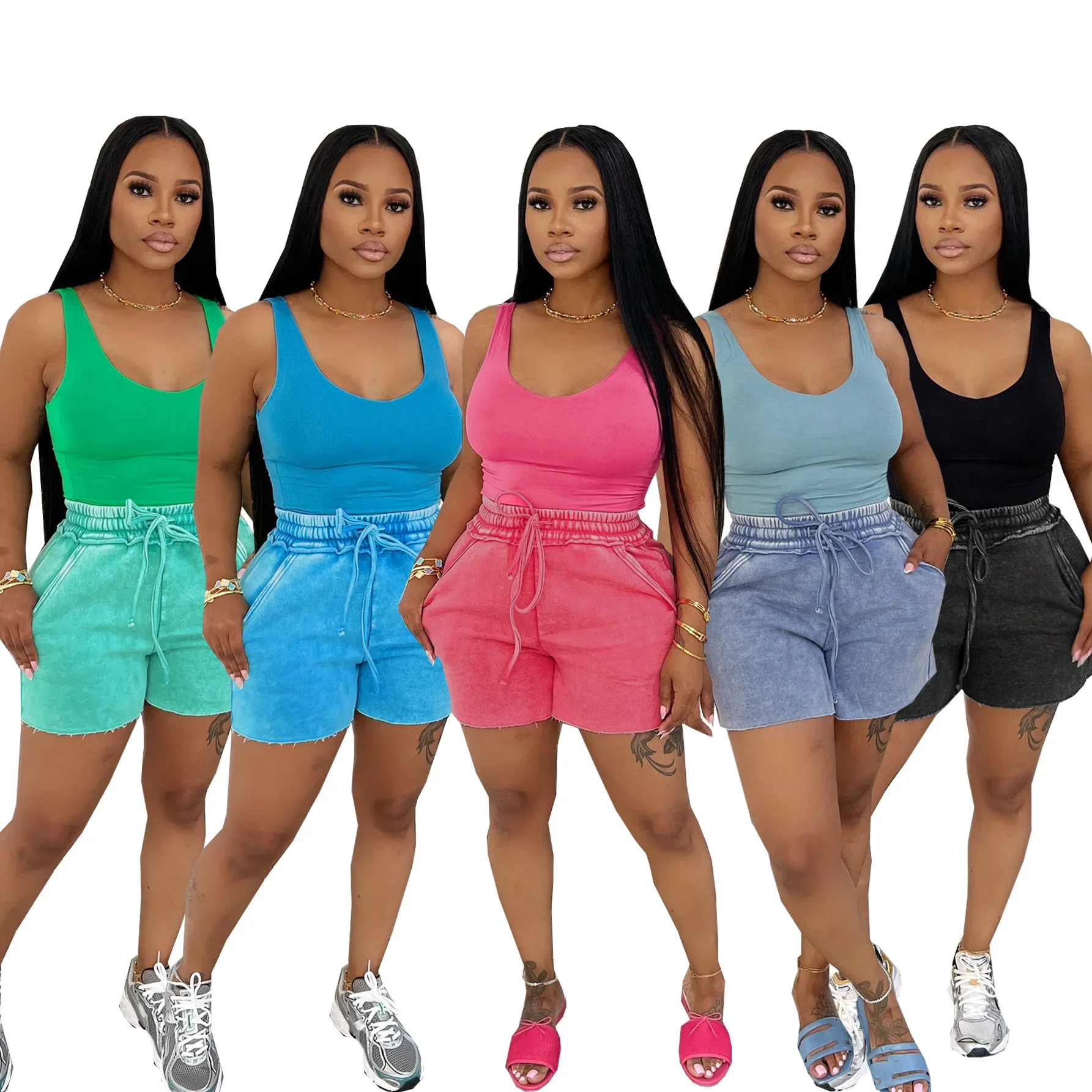 

Модный женский комплект, топы и шорты без рукавов, комплекты лета 2025 г., уличный активный комплект из двух предметов, спортивный костюм