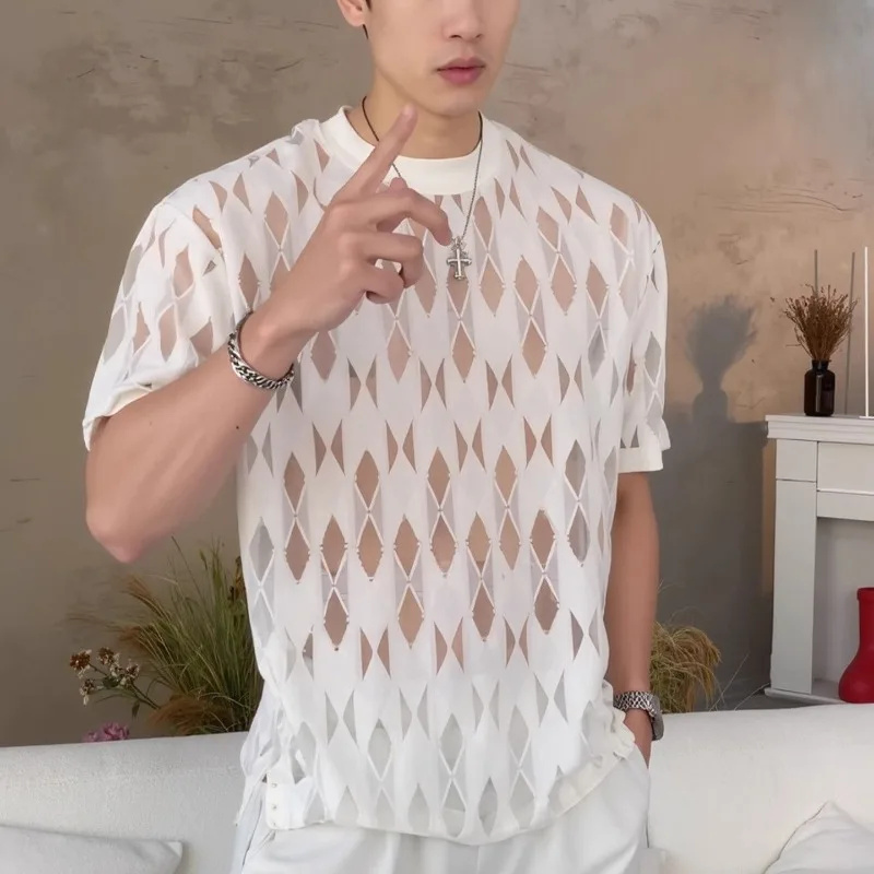 Summer Mens Hollow Sheer T-Shirt Spliced Diamond Plaid Light Luxury White Beach Short Sleeved Tshirt Breathable Vintage Tees 4xl