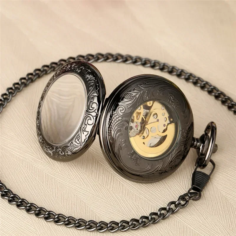 Antique Style Men Women Hand Winding Mechanical Skeleton Pocket Watch Necklace Pendant Chain Roman Number Display Timepiece