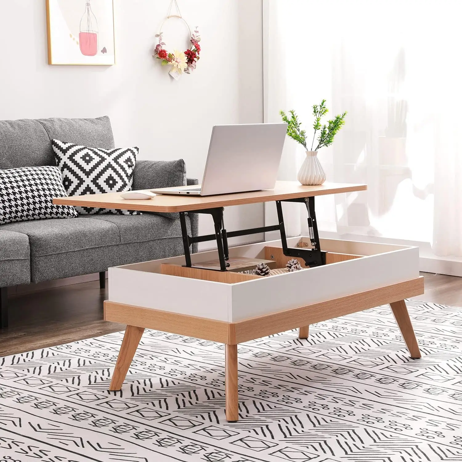 Top Coffee Center Table com compartimento de armazenamento escondido, mesa de jantar fácil de montagem para recepção da sala de estar, escritório em casa