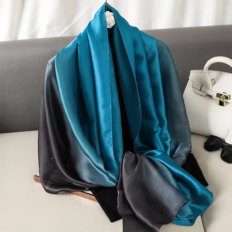 Luxus Farbverlauf Seiden schal Frauen Marke solide Femme Schals Wraps Bandana Kopf Foulard Mode Dame Hijab Hochzeit Poncho – Detail 1