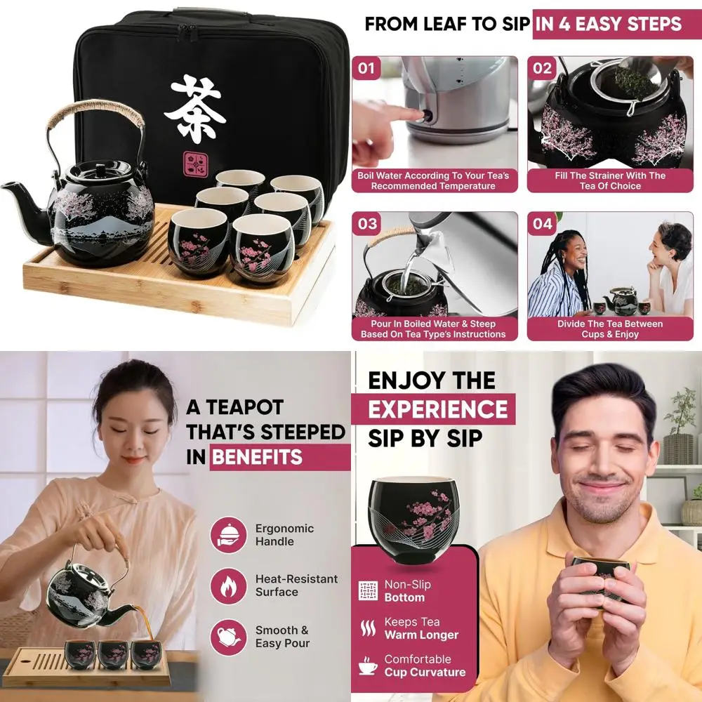 

Japanese Ceramic Tea Set with Teapot, 6 Cups, Bamboo Tray, Travel Storage Bag for Adults, Outdoor and Home Use