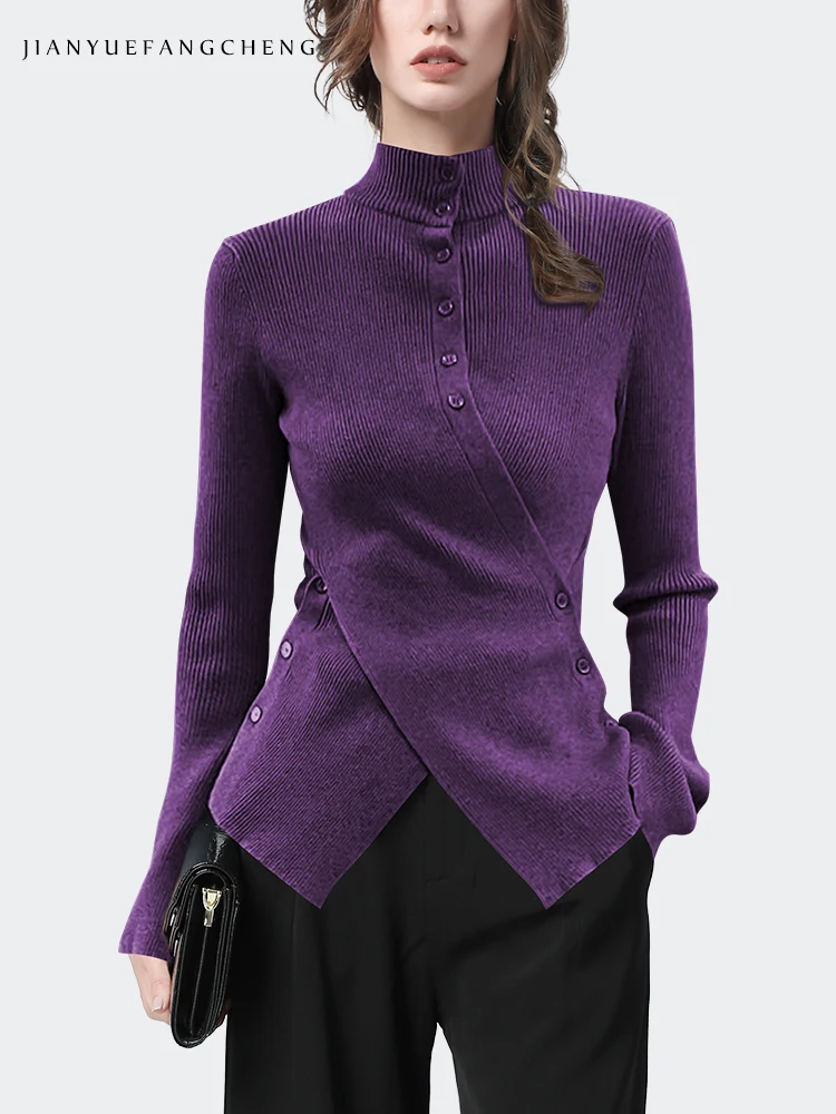 Fashion Womens Turtleneck Skinny Purple Wool Sweater Irregular Crossed Button-down Knitted Cardigan Tops