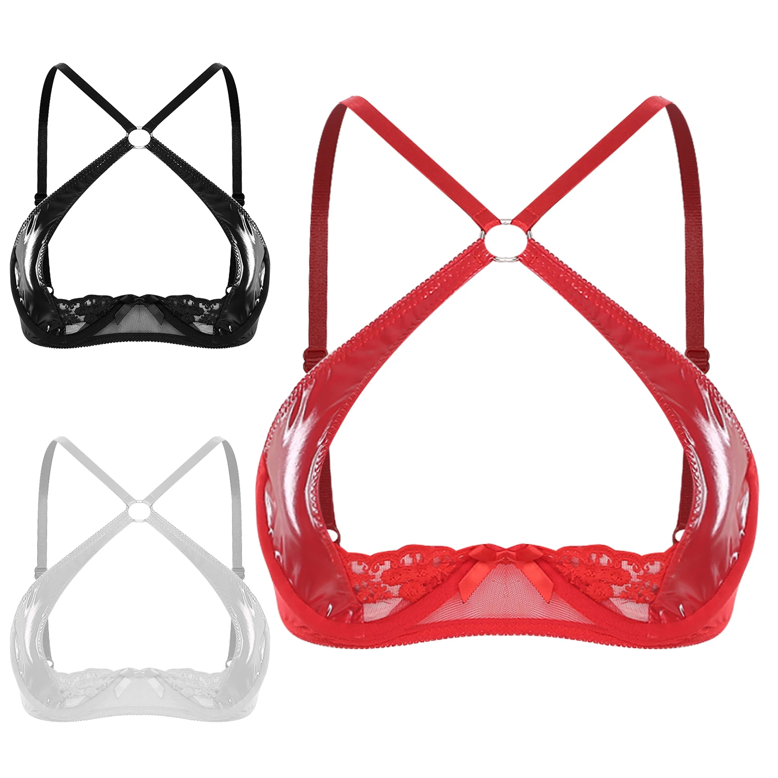 Женский бюстгальтер пуш-ап с вырезами, топы из глянцевой искусственной кожи, кружевной бюстгальтер без косточек с вышивкой, крест-накрест, уплотнительное кольцо, связанные стержни, балконет, ночное белье