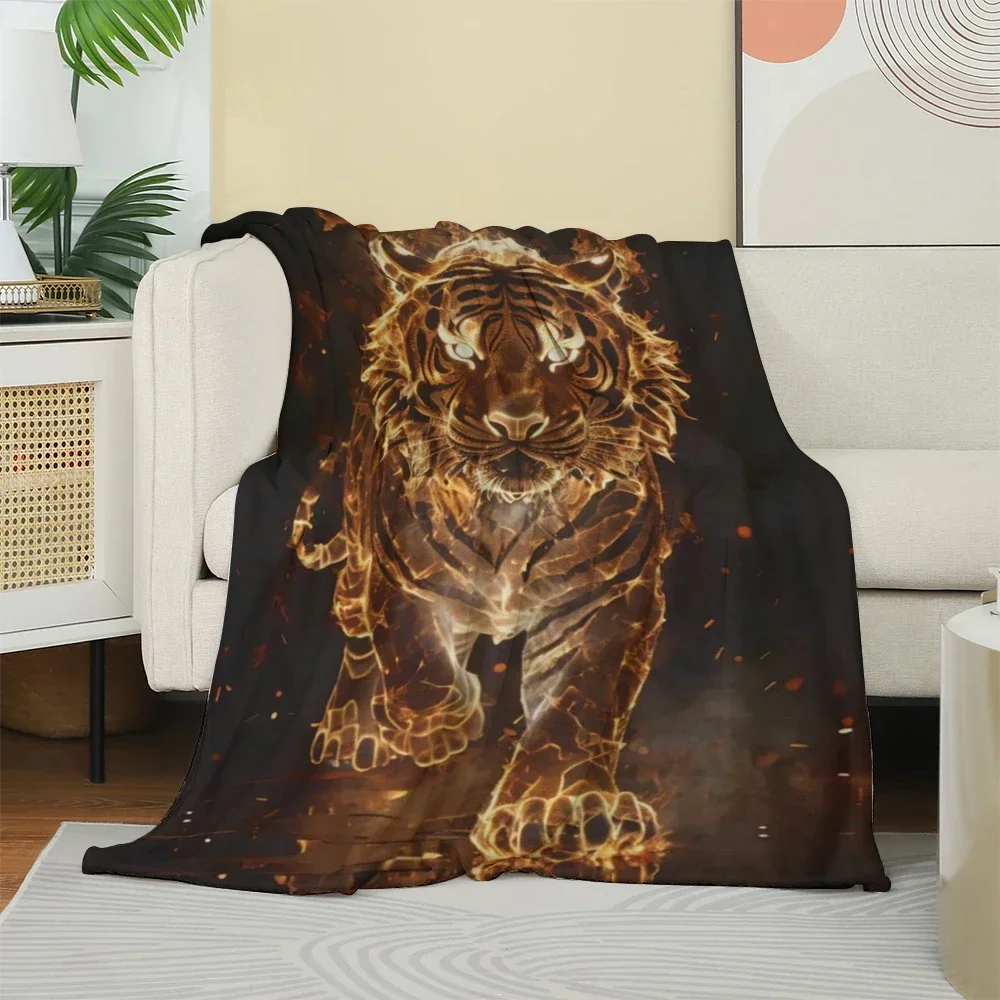 Fiery Golden Tiger Pattern Flannel printed blanket suitable for all seasons suitable for living room office sofa and travel