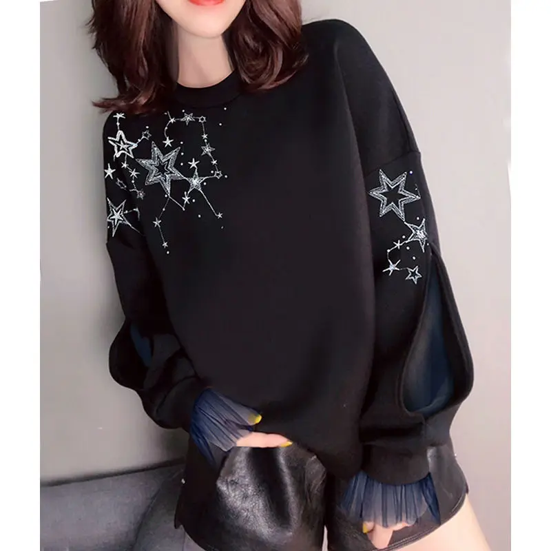 Hollow Lace Patch Fake Two Pieces Sweatshirt Women Cute Star Sign Embroidery Black Pullover Loose Casual O-neck Aesthetic Tops