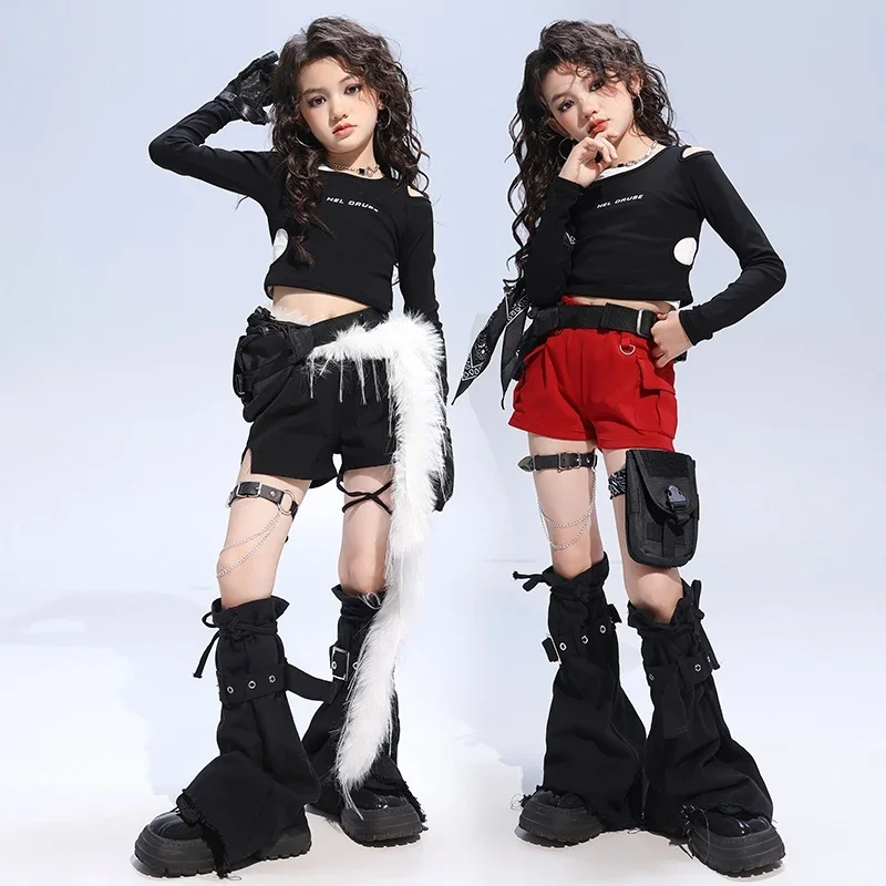 

Jazz Dance Clothing Girl Tops Black Shorts Red Kpop Stage Costume Children Fashion Show Clothes Kid Jazz Street Dance Wear
