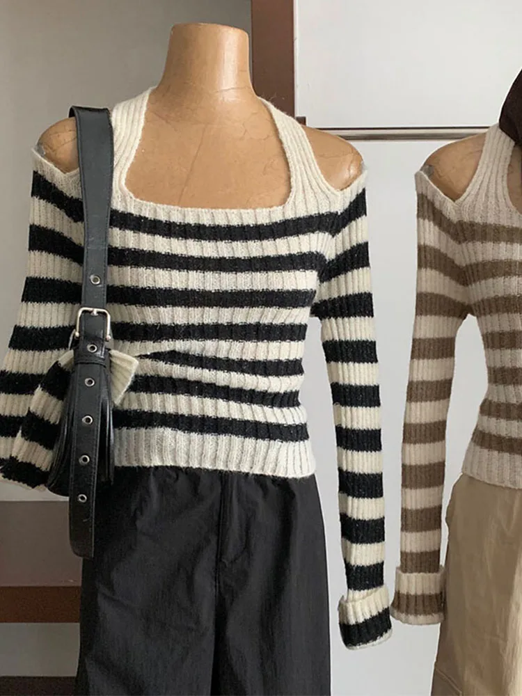 Sweet Preppy Style Classical Striped Sweater Women Halter Knitted Pullover High Street Casual Jumper Japanese Y2k Autumn Winter