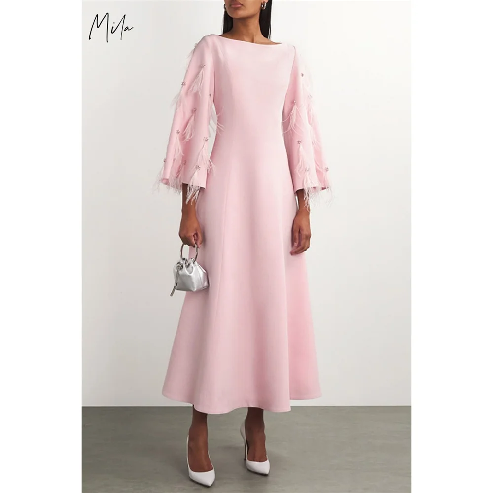 

Mila Pink O-Neck Prom Dress Long Sleeves A-Line Zip Customized Luxurious Women Evening Dresses Ankle-Length vestidos de fiesta