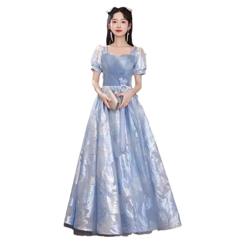 French Style Banquet Evening Dress For Women New Puff Sleeves Temperament Blue Graduation Dresses Exquisite Elegant Prom Gown