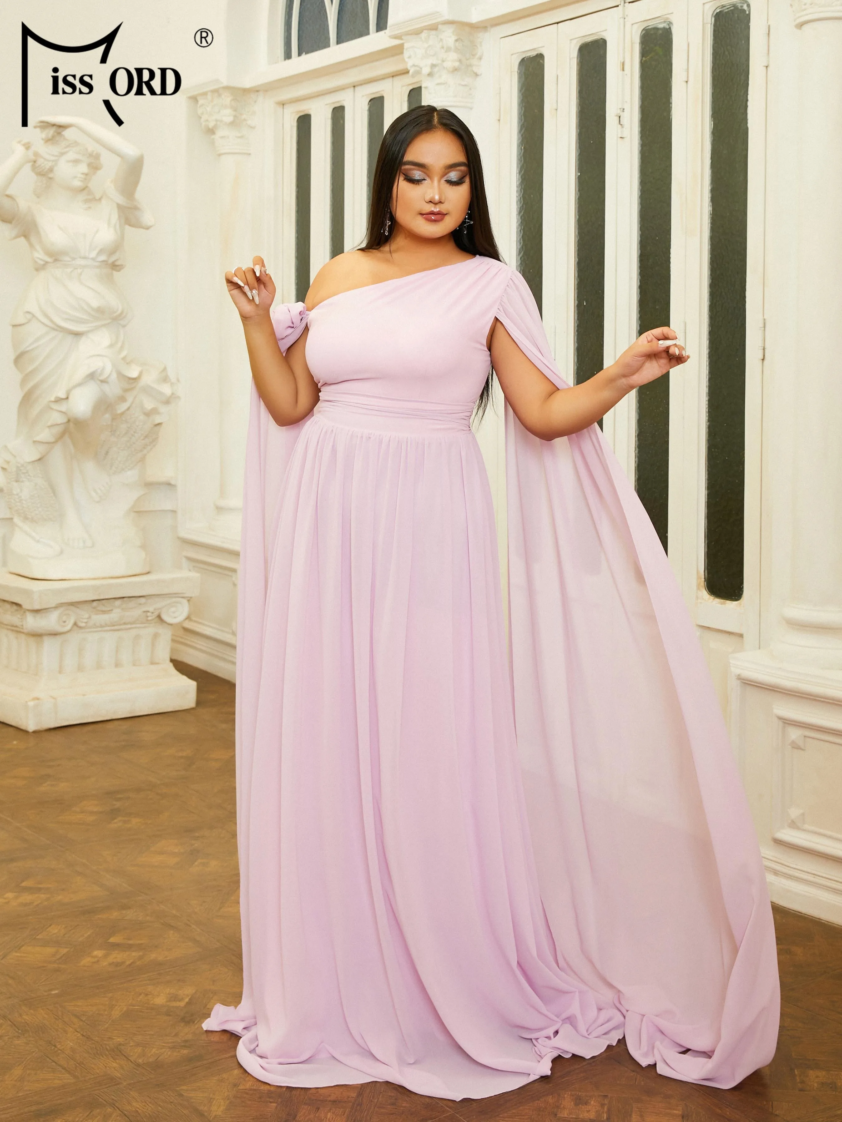 Missord Plus Size New 2024 Flowing Sleeves One Shoulder A Line Prom   Party Purple Large Size Dresses